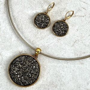 Joan Rivers Black Faux Druzy Omega Necklace and Drop Earrings Set Vintage